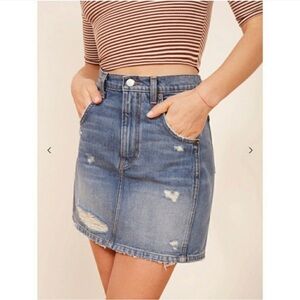 Reformation Sami High-Rise A-Line Distressed Denim Mini Skirt